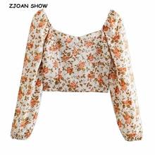 Camisa estilo vintage francesa floral, camisa curta com estampa floral, gola quadrada, pulôver elástico traseiro, blusa, harajuku, 2021 2024 - compre barato