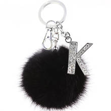 TEH Fluffy Black Pompom Faux Rabbit Fur Ball Keychains Crystal Letters Key Rings Key Holder Trendy Jewelry Bag Accessories Gift 2024 - купить недорого