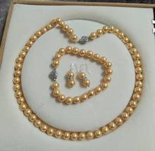 Conjunto de collar de perlas Concha dorado, de pulsera y pendientes, 10mm, AAA 2024 - compra barato