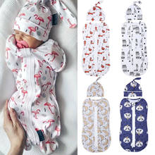 2 шт., детское одеяло с мультяшным принтом, мягкое, простое, муслиновое, Пеленальное, для новорожденных, на молнии, хлопковый спальный мешок + шапка 2024 - купить недорого