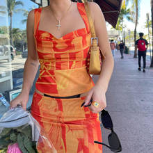 Y2K для женщин, комплект из двух предметов, с изображением апельсинов в винтажном стиле; Сезон лето пляжные Стиль, укороченный топ и юбка для девочек, костюмы с модные 2021, новинка, размеры от 90s наряды 2024 - купить недорого