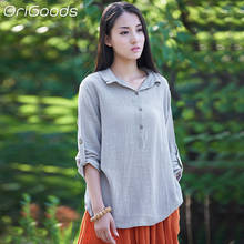 Blusa holgada informal de manga larga para mujer, camisa de lino y algodón, de talla grande, diseño Original, B054 2024 - compra barato