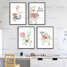 Pintura en lienzo Kawaii de Alpaca, póster de dibujos animados de animales, arte de pared, Impresión de arte nórdico, imagen de decoración para habitación de niños y niñas 2024 - compra barato