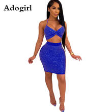 Adogirl Rhinestones Halter Bra Crop Top+ High Waist Mini Bodycon Skirts Suit Women Sexy Two Piece Set Dress Night Club Outfits 2024 - buy cheap