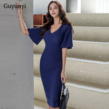 Blue Office Lady Dress 2022 Spring Five-Point Sleeve High Waist Slim Sexy V-Neck Backless Elegant Party Dress 2024 - buy cheap