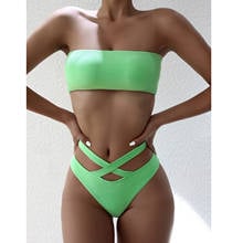 Conjunto de Bikini con Push-Up para mujer, traje de baño de dos piezas con Top acolchado, cintura alta, Color puro, Bandage cruzado, Tanga dividido, ropa de playa Sexy 2021 2024 - compra barato