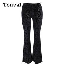 Tonval Women Floral Embossed Velvet Skinny Vintage Flare Pants High Waist Streetwear 2021 Spring Black Trousers 2024 - buy cheap