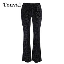 Tonvalel calças femininas pretas, calças de veludo em relevo floral, skinny, vintage, cintura alta, streetwear 2021 primavera 2024 - compre barato