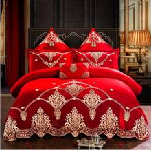 Jogo de cama têxtil para casa bordado vermelho, princesa de luxo, casamento, cor sólida, edredom/colcha, lençol, fronhas de cama de algodão 2024 - compre barato