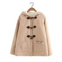 Winter Girls Kawaii Ears Woolen Hooded Coat Women Thick Fleece Warm Plush Jacket Cartoon Cat Pocket Horn Buttons Pink Outerwear 2024 - buy cheap