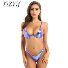 Shiny Metallic Bikini Swimsuit Women Swimwear Bathing Suit Sexy Bikini Set Padded Underwire Bra Top and High Cut Thong Bottom 2024 - buy cheap