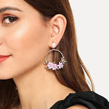 Trendy Cute Pink Flower Earrings For Women Girls Jewelry Female Rhinestone Gold Metal Round Circle Drop Earrings Gifts Brincos 2024 - buy cheap