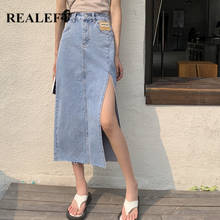 REALEFT Spring Summer 2021 New Women's Long Denim Skirts Side Split Vintage High Wasit Jeans Skirt Straight A-line Skirts Female 2024 - buy cheap