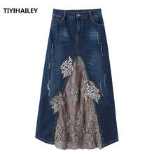 TIYIHAILEY Free Shipping 2021 Fashion Long Maxi Denim And Lace Patchwork  Jeans Skirt Women Plus Size S-2XL Summer Beaded Skirts 2024 - buy cheap
