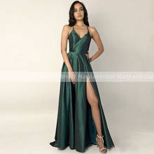 Dark Green Satin Prom Dress Spaghetti Strap V-Neck Front High Slit Evening Party Dresses Formal A-line vestidos de gala cortos 2024 - buy cheap