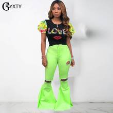 GBYXTY Neon Green Streetwear Distressed High Waist Bell Bottom Jeans 2021 Women Ripped Thin Cut Out Denim Flare Pants ZL486 2024 - buy cheap