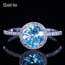 BAIHE-anillo de compromiso con Topacio azul para mujer, sortija redonda de oro blanco sólido de 10K, banda de boda, fabricación de joyería fina, regalo para niña 2024 - compra barato