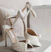 Carpaton Handmade White Pearls Beaded High Heel Shoes Peep Toe Ankle Strap Party Dress Shoes Sexy Princess Sandal 2024 - buy cheap