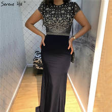 Serene Hill Navy Blue O-Neck Satin Mermaid Evening Dress 2020 Dubai Beading Diamonds Cap Sleeves Formal Party Wear Gown CLA70236 2024 - buy cheap