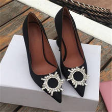 Brooch Wedding Shoes Woman Black Satin Hoof High Heels Pumps Crystal Ladies Zapatos Mujer Pointed Dress Bridal Sapato Feminino 2024 - buy cheap