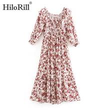 HiloRill Elegant Floral Print Dress Women Ruffles Half Sleeve Vintage Pleated Dresses 2021 Square Collar Long Party Dress 2024 - buy cheap