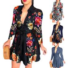 Fashion Women Deep V Neck Long Sleeve Peacock Flowers Print Bandage Mini Dress 2024 - buy cheap