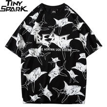 2020 Мужская футболка в стиле хип-хоп, уличная одежда, футболка в стиле Харадзюку с акулой, хлопковая Повседневная футболка с коротким рукавом, модные белые и черные топы, футболка в стиле хип-хоп 2024 - купить недорого