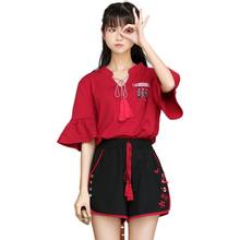 Womens Two Piece Set Short Sleeve Japan Style Wide Leg Pants Elastic Waist Shorts Embroidery Sweet Style Girl 2 Piece Sets 2024 - buy cheap