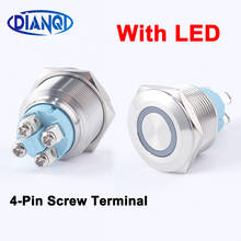 22mm reset momentâneo 1no metal interruptor de botão led luz 3v5v6v12v 24v110v220v 4 parafuso pé terminal à prova dwaterproof água carro energia