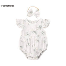 Bebê recém-nascido meninas meninos bodysuits flores impressão babados manga curta algodão adorável macacões bandana 2024 - compre barato