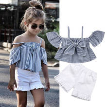 Verão da criança dos miúdos do bebê meninas conjunto de roupas grande arco listras fora do ombro tops shorts roupas conjunto menina 2-7t 2024 - compre barato