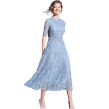Vestido longo de renda feminino, vestido midi de cintura alta manga curta casual azul vintage para verão 2024 - compre barato