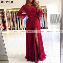 Vermelho de luxo dubai vestido de noite mangas compridas lado fenda pérolas tule plus size árabe vestido de baile plus size feminino vestidos formais 2024 - compre barato