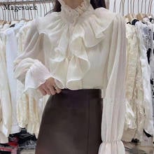 2021 Spring New Stand Collar Chiffon Shirt Ruffle Stitching Palace Long Flare Sleeve Blouse Women Buttons Ruched Loose Top 12946 2024 - buy cheap