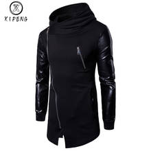 Men Hoodies Pu Leather Patchwork Sweatshirts Oblique Zipper Hip Hop Hoody Fashion Jacket Long Sleeve Male Irregular Outwear Coat 2024 - buy cheap