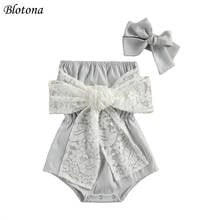 Blotona Newest 2Pcs Baby Summer Outfits, Striped Strapless Romper with Lace Bowknot+Hairband Suit for Toddler Girls 0-24 Months 2024 - buy cheap