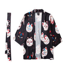 Casaco japonês de meia manga com gato, moda masculina, de desenho animado, estilo harajuku, roupão de banho, hip hop, casaco com cinto 2024 - compre barato