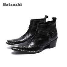 Batzuzhi-Botas de piel auténtica para hombre, botines puntiagudos de Metal, de estilo Punk, tacones altos de 6,5 cm, color negro 2024 - compra barato