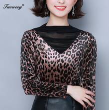 Camiseta de encaje ahuecada para mujer, camisa de manga larga con estampado de leopardo, tops transparentes para mujer de otoño, 2019 2024 - compra barato