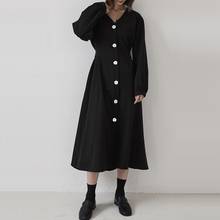 Vestido largo holgado de estilo Vintage para otoño, traje Harajuku informal de algodón negro con escote en V y botones, AA5257, 2019 2024 - compra barato