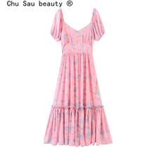 New Fashion 2021 Sweet Chic Floral Print Long Dress Women Summer Holiday Style Short Sleeve O-neck Loose Dresses Female 2024 - buy cheap