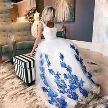 Romantic Plus Size White Wedding Gown Scoop Blue Lace Appliques Wedding Princess Dress Ball Gowns Tulle Bridal Gowns Custom Made 2024 - buy cheap