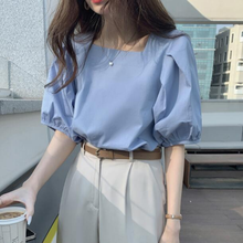 2021 mulheres verão casual básico camisa gola quadrada lanterna manga blusa cor sólida pulôver topos 2024 - compre barato