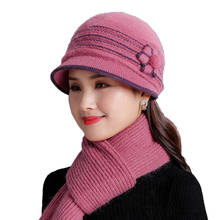RUHAO Layer Winter Hats for Women Rabbit Fur Hat Warm Knitted Hat and Scarf set Middle Age Large Flower Mom Beanies cap 2024 - buy cheap