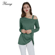 Yming mujer Blusa de manga larga cuello Skew Tops casuales Vintage talla grande camisa túnica sólida Oficina Blusas señoras ropa 2024 - compra barato