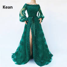 Emerald Green Muslim Evening Dress Slit Puff Sleeve vestido de festa Islamic Dubai Kaftan Saudi Arabic Evening Gown Prom Dress 2024 - buy cheap