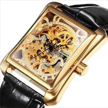 WINNER-relojes elegantes para hombre, reloj mecánico clásico de lujo, cuadrado, correa de cuero negro, dorado, Retro, rectangular 2024 - compra barato