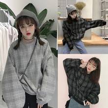 Women Sweatshirt Long Sleeve Harajuku style contrast loose bat sleeve plaid All-match Leisure among us Women's Sweatshirt 2024 - buy cheap