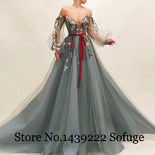 Grey Tulle Sweetheart Evening Dress Prom  Puff Sleeves Flowers Formal Dresses Saudi Arabric Robe De Soiree Evening Party Gown 2024 - buy cheap