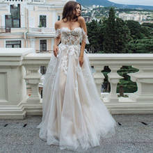 Champagne Boho Wedding Dress 2020 Lace Appliques Tulle Backless Beach Bridal Gowns Off Shoulder Princess Vestido De Noiva 2024 - buy cheap